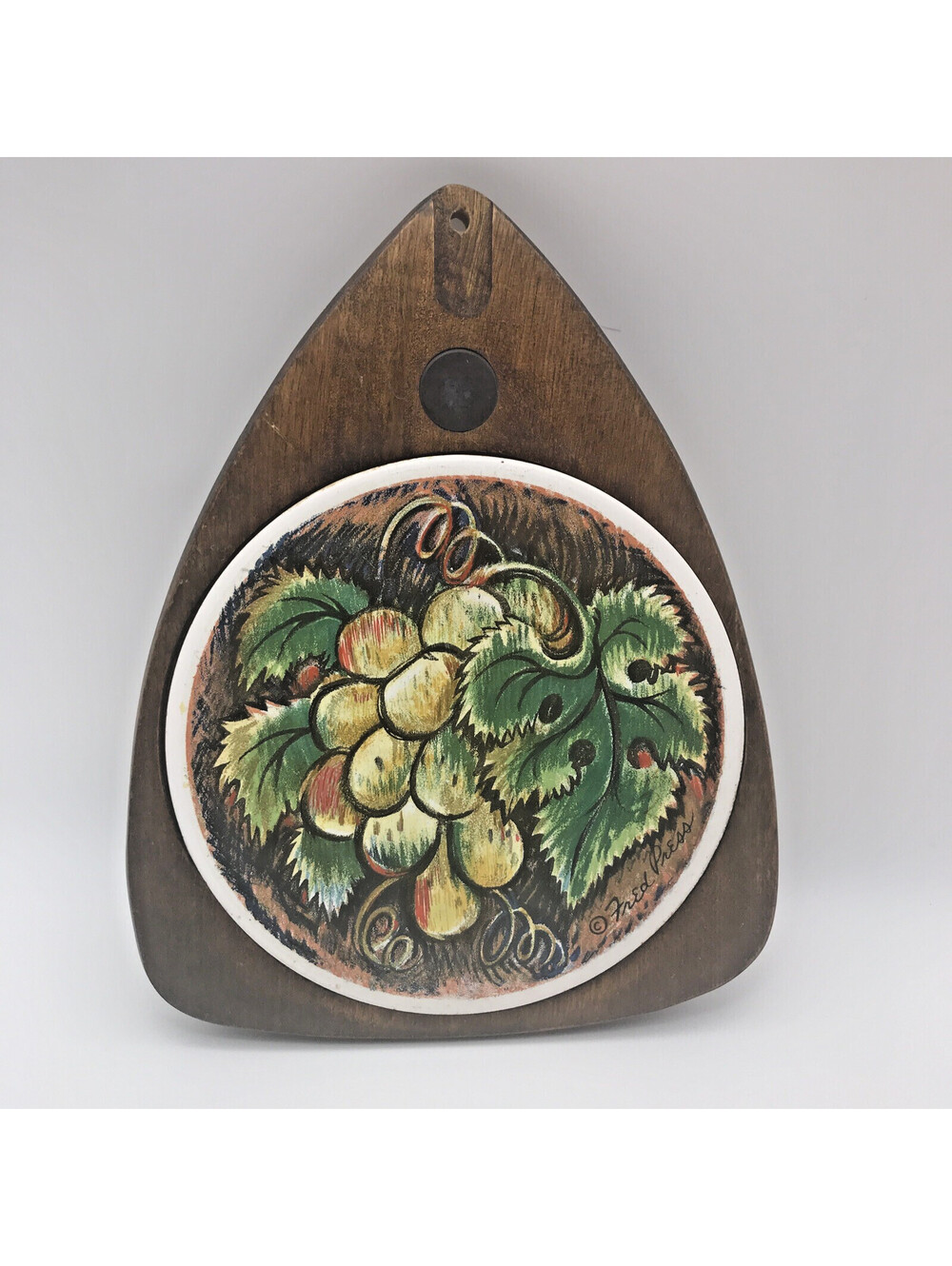 Mid Century Fred Press Grapes Cheeseboard Trivet Sero Wood Triangle 9"x6.5"